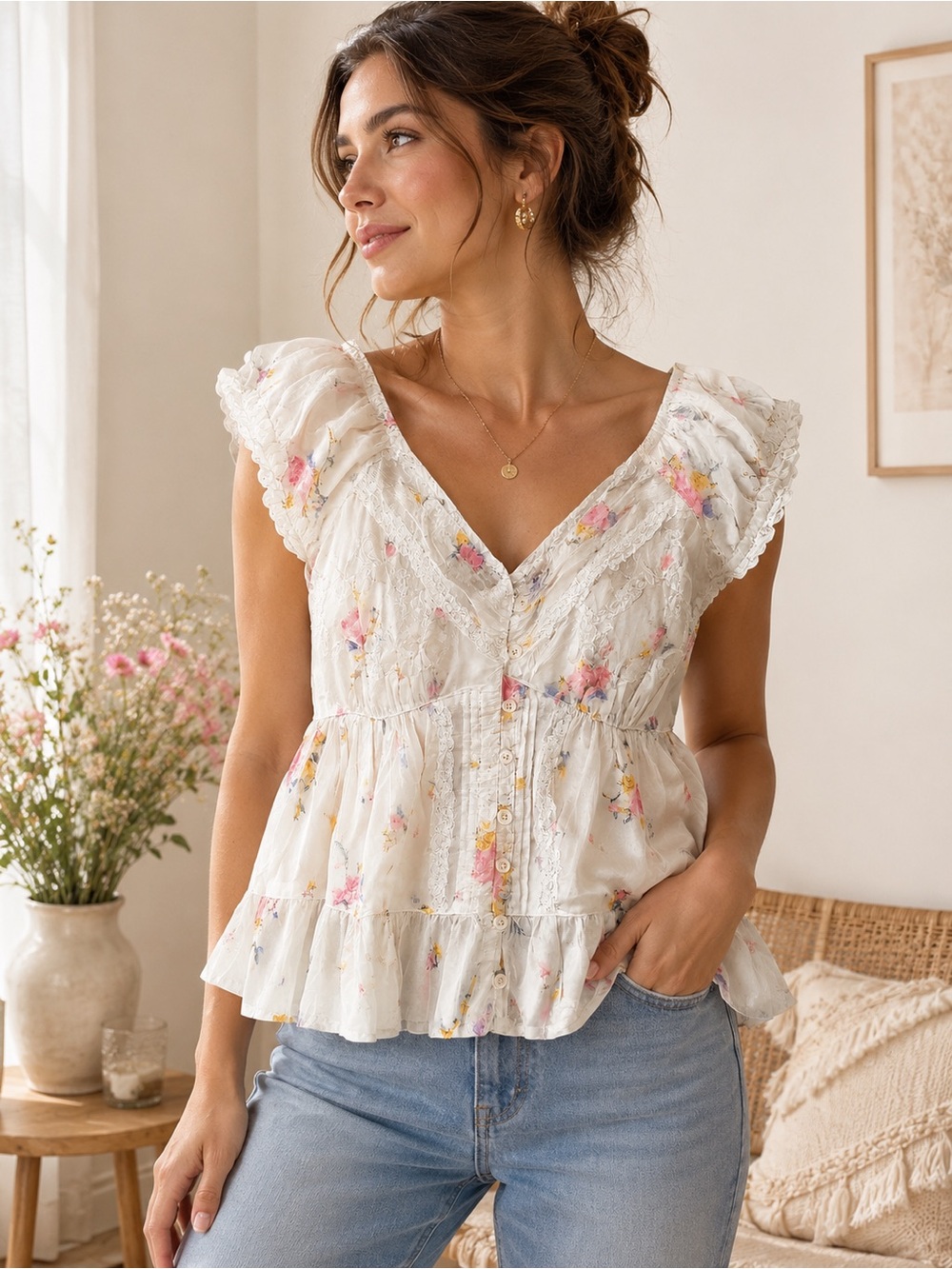 Universal Thread Goods Floral Peplum Blouse | Size Small | Cottagecore Romantic